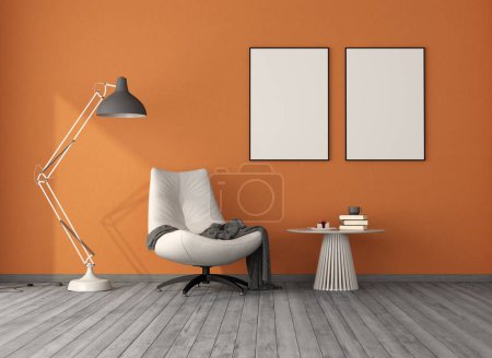 Cozy interior with white lounge chair, lamp, and empty wall art frames - 3d rendering