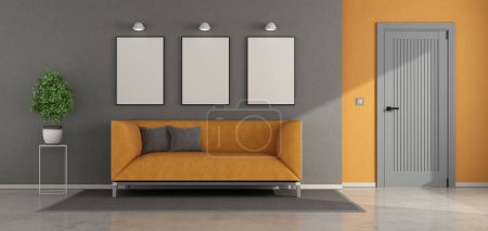 Photo for Stylish living space featuring a orange sofa, blank frames for artwork, minimalist decor and closed door - 3d rendering - Royalty Free Image
