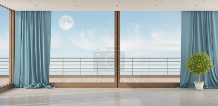 Elegante diseño interior con cortinas abiertas que revelan una escena del océano a la luz de la luna, que representa la tranquilidad- 3d representación
