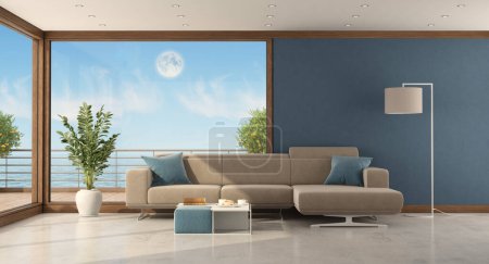 Photo for Minimalist living room of a sea house with ocean view- 3d rendering - Royalty Free Image