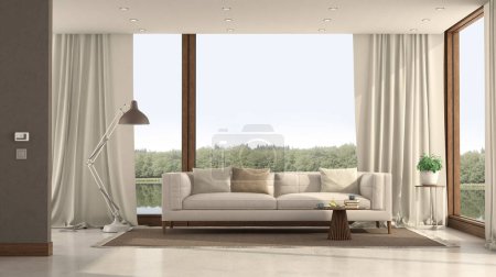 Photo for Elegant interior design of a modern living room with a large window overlooking a serene landscape - Royalty Free Image