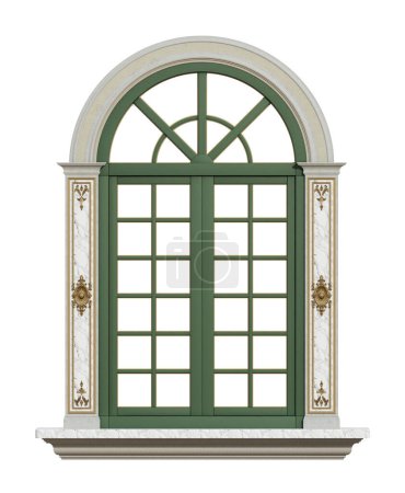 Téléchargez les photos : Fenêtre traditionnelle avec cadres en bois vert, colonnes en marbre blanc et détails ornés sur un fond blanc, rendu 3d, 3d - en image libre de droit