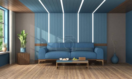 Stilvolles und modernes Wohnzimmerdesign mit einem lebendigen blauen Sofa und minimalistischem Dekor - 3D-Darstellung