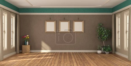 Empty room with wooden floor, wall with blank frames for artwork, and lush indoor plants-3d rendering