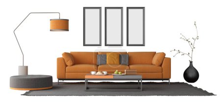 Contemporary living room design with an orange couch, elegant decor, and neutral color palette for a cozy atmosphere, isolated on white background -3d rendering