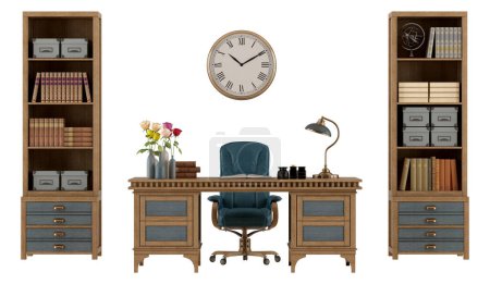 Ensemble de bureau en bois élégant avec chaise, bibliothèques et accents décoratifs, sur fond blanc épuré rendu 3d