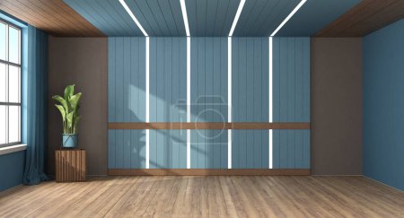 Photo for Spacious interior design with blue walls, wooden flooring, and a large window for natural light -3d rendering - Royalty Free Image