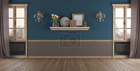 Cozy and stylish interior design featuring a shelf with decorative items and blue walls-3d rendering