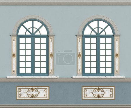 Two arched windows with ornate details on a pastel blue wall of an elegant classical facade - 3d rendering