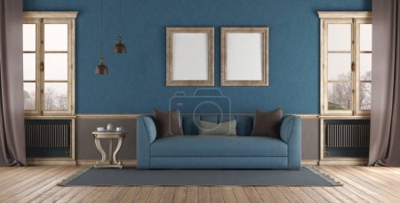 Photo for Stylish living space featuring a modern blue couch, blank picture frames, and vintage windows - 3d rendering - Royalty Free Image