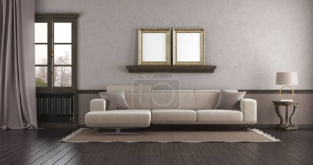 Photo for Cozy and stylish living room featuring a modern sofa, empty frames on the wall, and tasteful decor - 3d rendering - Royalty Free Image