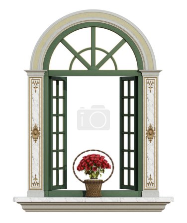 Téléchargez les photos : Design sophistiqué de fenêtre avec volets verts et décoration ornée, avec un panier de fleurs rouges vives isolées sur blanc - rendu 3d - en image libre de droit