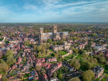 Photo for Aerial View of Lincoln City and Cathedral in England Sunset View - Royalty Free Image