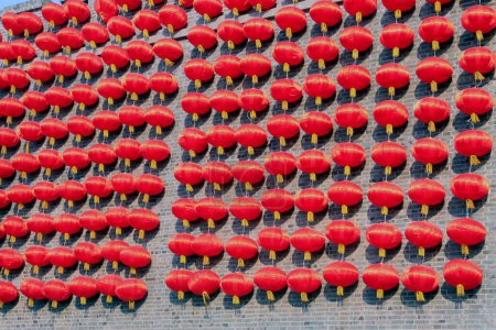 Photo for Red lanterns on the wall, closeup of photo - Royalty Free Image