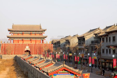 Photo for LUAN COUNTY - MARCH 9: Red lanterns and ancient towers, in the ancient Luanzhou city, on march 9, 2014, Luan county, hebei province, China. - Royalty Free Image