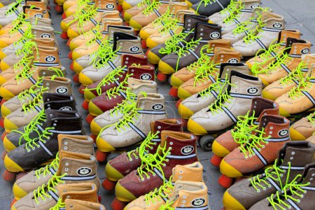 Photo for TANGSHAN MAY 18Roller skates piled up together in a park, on may 18, 2014, Tangshan City, Hebei Province, China. - Royalty Free Image