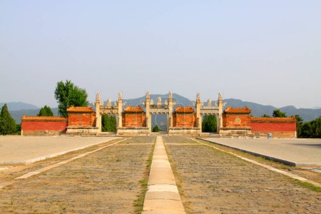 Foto de ZUNHUA MAY 18Dragon and Phoenix Gate landscape architecture in the Eastern Tombs of the Qing Dynasty on may 18, 2014, Zunhua county, Hebei Province, China. - Imagen libre de derechos