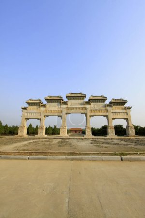 Photo for ZUNHUA MAY 18: traditional Chinese style white marble arch landscape architecture, Eastern Tombs of the Qing Dynasty on may 18, 2014, Zunhua county, Hebei Province, China. - Royalty Free Image