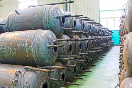 Foto de Metal pressure tank piled up together, closeup of photo - Imagen libre de derechos
