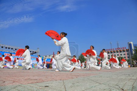 Téléchargez les photos : Comté de Luannan - 8 août 2017 : performance de Taiji Kung Fu dans un parc, comté de Luannan, province du Hebei, Chine - en image libre de droit