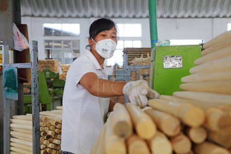 Téléchargez les photos : Comté de Luannan - 11 août 2017 : travailleurs dans la chaîne de production de la poignée en bois, dans une usine de fabrication de pelles en acier, Luannan, Hebei, Chin - en image libre de droit