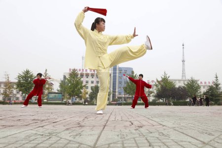 Téléchargez les photos : LUANNAN COUNTY, China - October 15, 2017: Tai Chi Kung Fu Fan Performance in the square, LUANNAN COUNTY, Hebei Province, China - en image libre de droit