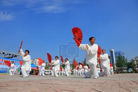 Foto de Condado de Luannan - 8 de agosto de 2017: Taiji Kung Fu performance in a park, Luannan County, Hebei Province, china - Imagen libre de derechos