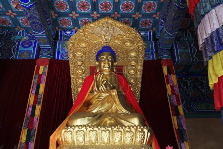 Téléchargez les photos : Yi County, China - November 5, 2017: The Buddha statue is worshipped in the Mahavira hall in a temple, Yi County, Hebei Province, China - en image libre de droit