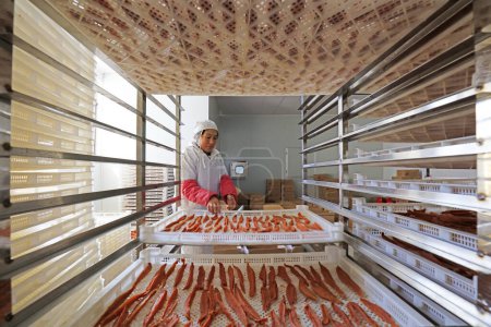 Téléchargez les photos : Comté de Luannan - 20 décembre 2017 : emballage féminin de pommes de terre séchées dans un atelier, comté de Luannan, province du Hebei, Chin - en image libre de droit