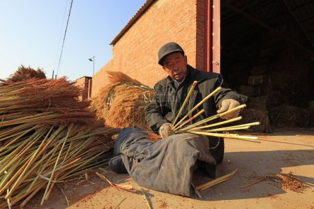 Téléchargez les photos : Luannan County - December 21, 2017: worker processing whisk broom in a hand workshop, Luannan County, Hebei Province, China. This is the most important traditional handicraft industry in the local area - en image libre de droit
