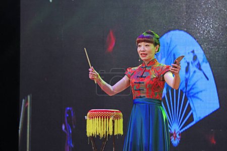 Photo for Luannan county - February 9, 2018: Chinese folk drumming shows on stage, luannan county, hebei province, China - Royalty Free Image