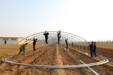 Téléchargez les photos : Comté de Luannan - 22 mars 2018 : les travailleurs construisent une serre ovale en acier plein tube, comté de Luannan, province du hebei, Chine - en image libre de droit