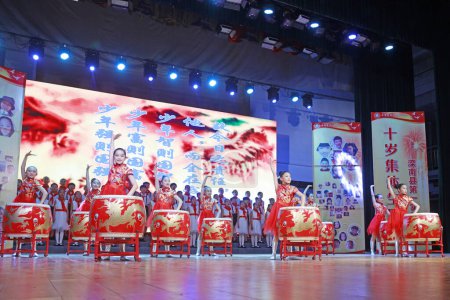 Photo for Luannan County - May 18, 2018: Drum performance on the Stage, Luannan County, Hebei Province, Chin - Royalty Free Image