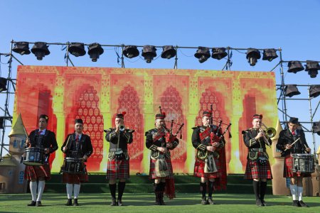 Photo for Tangshan City, China - October 7, 2018: Scottish bagpipes played by foreign circuses in the park, Tangshan City, Hebei Province, China - Royalty Free Image