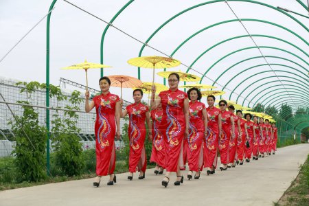 Foto de Condado de Luannan - 18 de mayo de 2018: espectáculos de cheongsam chinos en el parque, Condado de Luannan, provincia de Hebei, Chin - Imagen libre de derechos