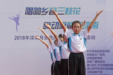 Foto de LUANNAN COUNTY, China - 2 de julio de 2018: performance de danza deportiva en un parque, LUANNAN COUNTY, provincia de Hebei, China - Imagen libre de derechos