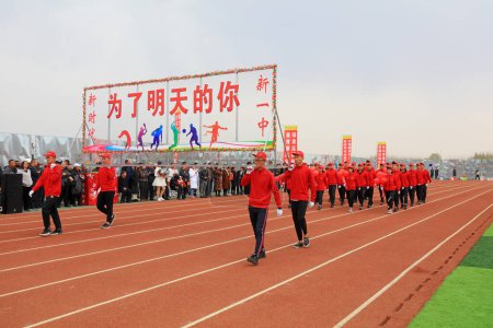Photo for LUANNAN COUNTY, China - April 11, 2019: Group gymnastics performance at the opening ceremony of the Games, LUANNAN COUNTY, Hebei Province, China - Royalty Free Image