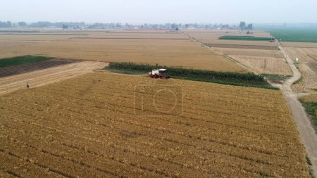 Foto de La cosechadora cosechó trigo en el campo, Condado de Luannan, provincia de Hebei, China - Imagen libre de derechos