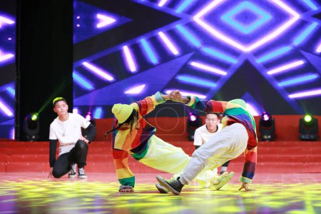 Photo for LUANNAN COUNTY, Hebei Province, China - January 1, 2020: Chinese youth hip hop performance on stage. - Royalty Free Image