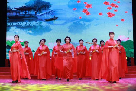 Photo for LUANNAN COUNTY, Hebei Province, China - January 1, 2020: Chinese traditional cheongsam show on stage. - Royalty Free Image