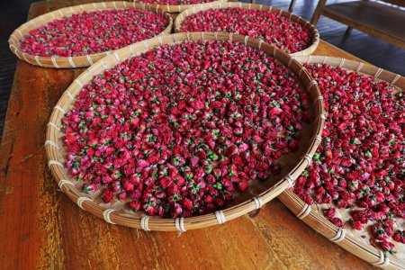 Foto de Las rosas secas están en la cesta, en una fábrica de procesamiento de rosas, Sanya, sur de China - Imagen libre de derechos