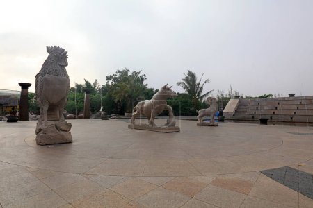 Photo for Sanya City, China - April 1, 2019: Chinese traditional sculpture architecture landscape in a park, Sanya City, Hainan Province, China - Royalty Free Image