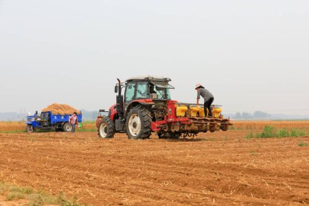 Téléchargez les photos : Comté de Luannan, Chine - 20 juin 2019 : Des tracteurs cultivent du maïs dans des exploitations sans labour, comté de Luannan, province du Hebei, Chine - en image libre de droit
