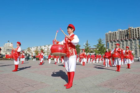 Luannan County, China - Oct. 8, 2019: Chinese Women's Waist Drum Performance in Square, Luannan County, Hebei Province, China