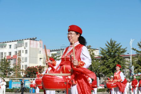 Luannan County, China - Oct. 8, 2019: Chinese Women's Waist Drum Performance in Square, Luannan County, Hebei Province, China
