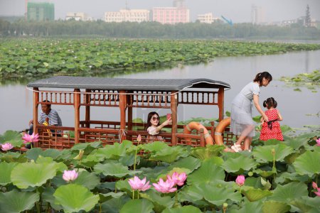 Foto de Condado de Luannan, China - 15 de julio de 2019: Los turistas fotografian flores de loto en un crucero, Condado de Luannan, provincia de Hebei, China - Imagen libre de derechos