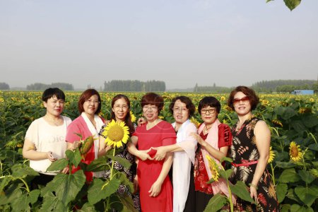 Téléchargez les photos : Comté de Luannan - 10 août 2018 : Une femme dans un arbuste à fleurs de tournesol, comté de Luannan, province du Hebei, Chine - en image libre de droit