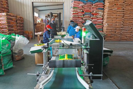 Téléchargez les photos : COMTÉ DE LUANNAN - 2 mars 2020 : Travailleurs occupés dans la chaîne de production d'emballages de semences de maïs dans une usine, COMTÉ DE LUANNAN, province du Hebei, Chine - en image libre de droit