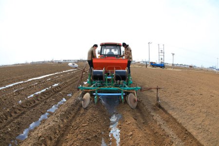 Foto de LUANNAN COUNTY, provincia de Hebei, China - 12 de marzo de 2020: Los agricultores impulsan a los plantadores a cultivar papas en la granja. - Imagen libre de derechos