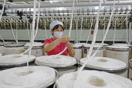 Téléchargez les photos : COMTÉ DE LUANNAN, Province du Hebei, Chine - 18 mars 2020 : La travailleuse est occupée sur la ligne de production dans une usine de filature. - en image libre de droit